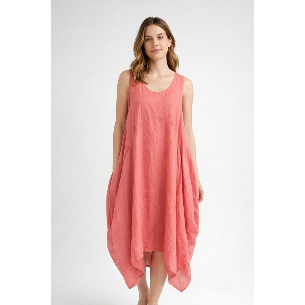 LIN BOHÈME Coral Linen Tunic Dress • Oversized Asymmetrical Hem • One Size